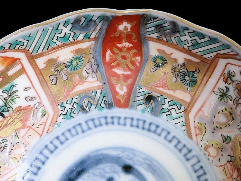 古伊万里　金襴手　鶴に松竹梅の図　４寸皿　２枚　E355AS-CBq