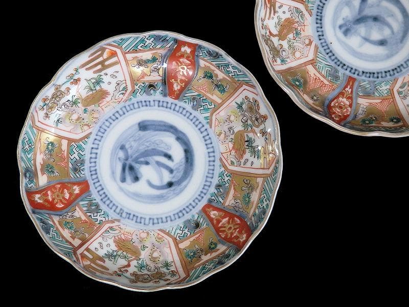 古伊万里　金襴手　鶴に松竹梅の図　４寸皿　２枚　E355AS-CBq