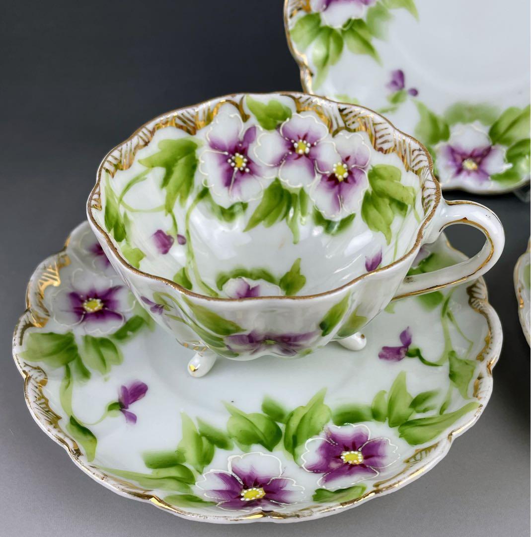 【美品】オールドノリタケ パンジー紋 ティーカップ２組 ビオラ 三つ脚 猫足