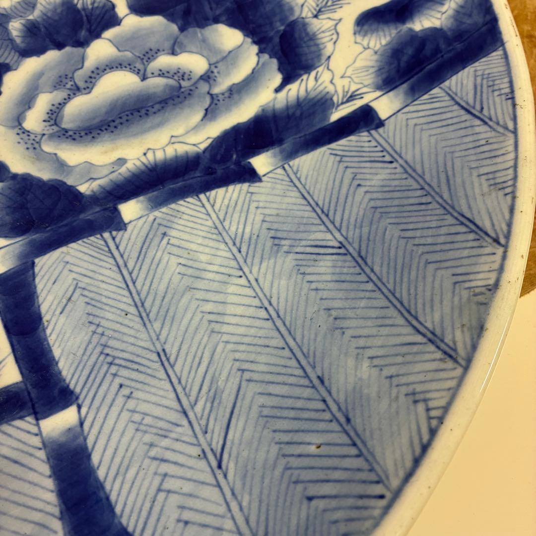 染付大皿　花鳥文様　約54cm（一尺8寸）　藍青色　磁器皿　時代物