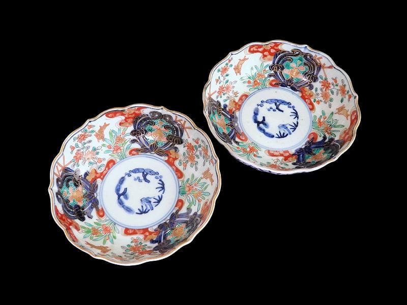 古伊万里　金襴手　兎に花の図　膾皿　２客　B338AS-CVa