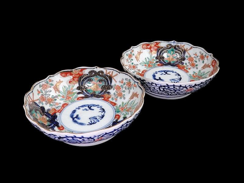 古伊万里　金襴手　兎に花の図　膾皿　２客　B338AS-CVa