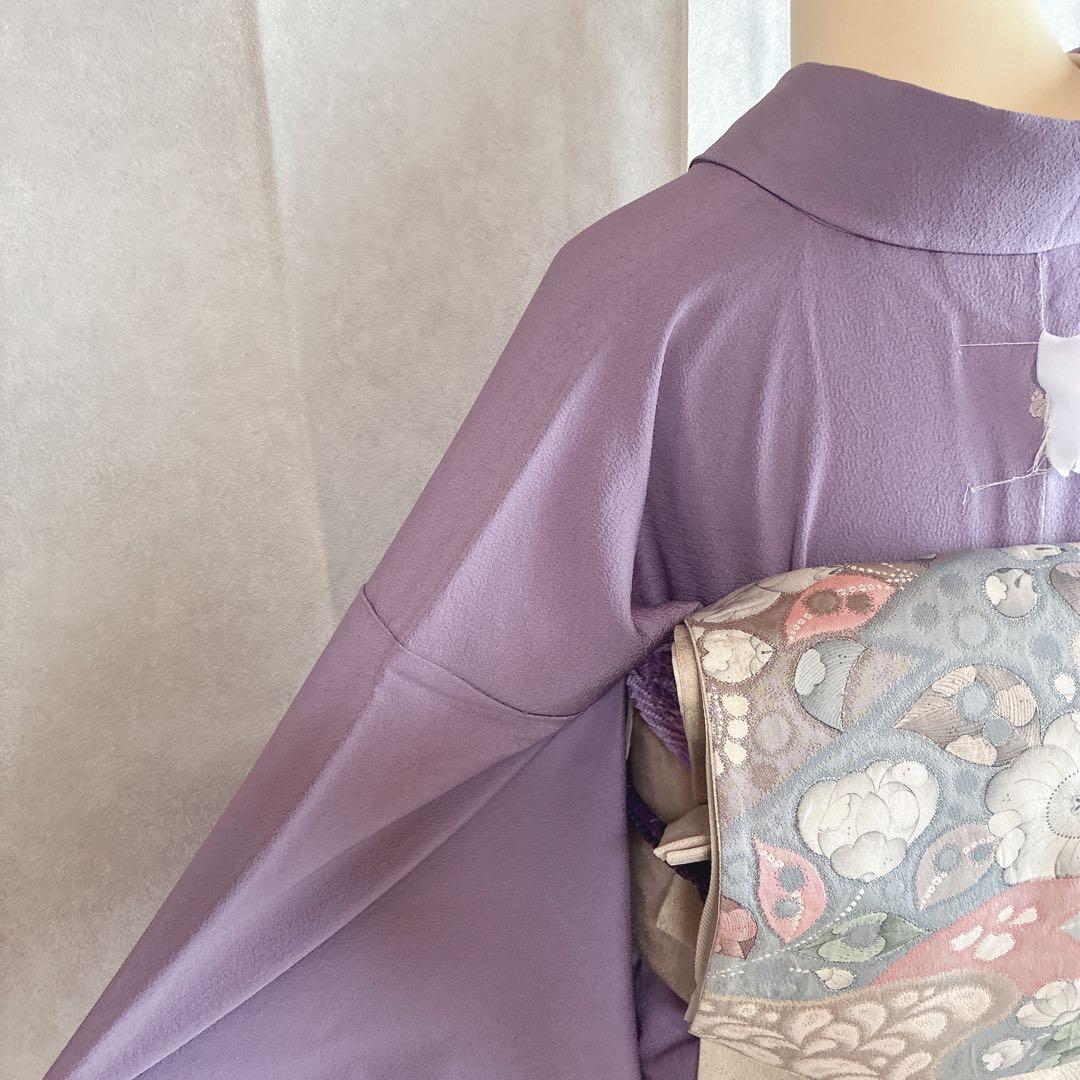 色無地　フルセット　着物　正絹　辻ヶ花の帯　しつけ糸つき　ロング丈　紫　J9