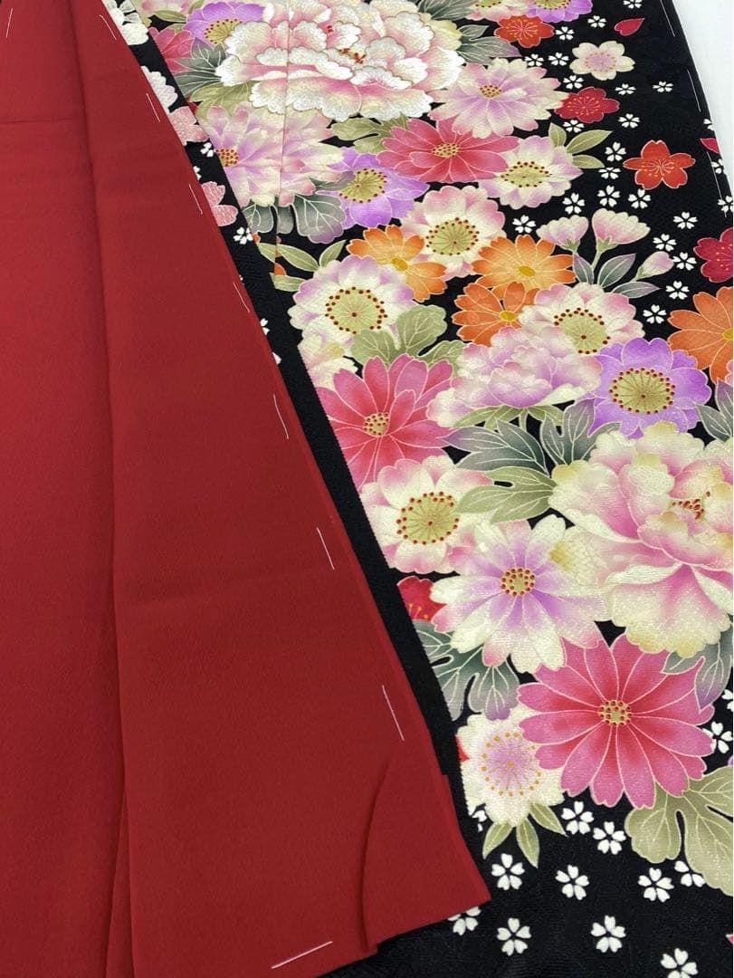 振袖 仮絵羽 刺繍 金彩 紋意匠 牡丹 正絹 未仕立て品 八掛付き