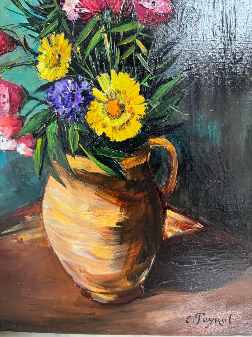 レイ　花瓶の花 油画 金色フレーム付き