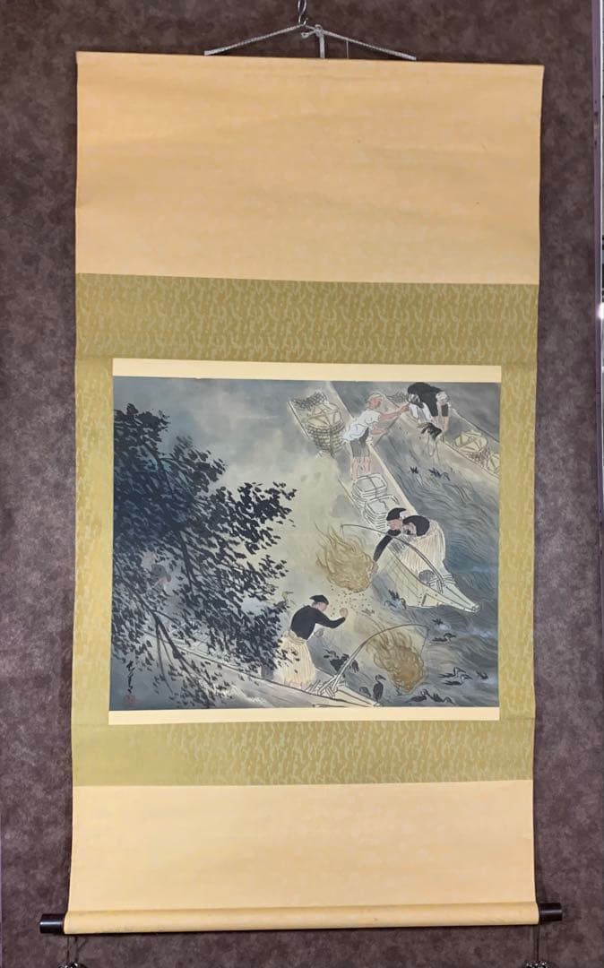 【珍品】鵜飼図 漁師の風景 掛軸 日本画