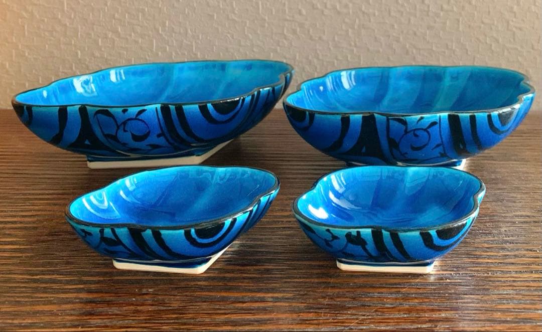 【値下げ】幸兵衛窯 青釉魚文鉢(若鮎) ４枚セット ペルシャブルー 加藤卓男