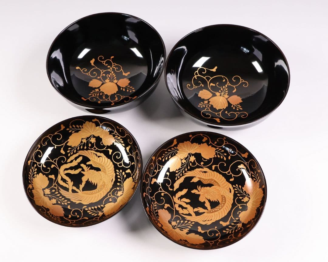 【MB193】天然木漆塗 鳳凰桐唐草 金蒔絵 黒塗 吸物椀 二客 大正昭和