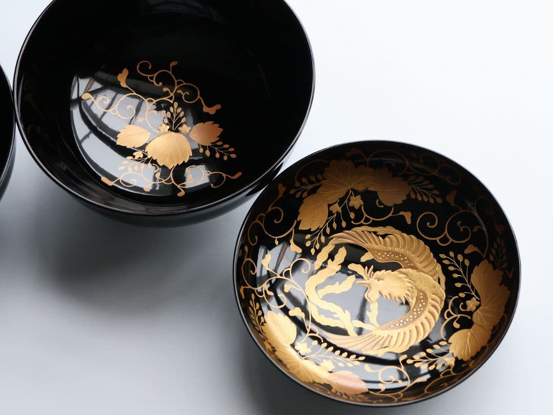 【MB193】天然木漆塗 鳳凰桐唐草 金蒔絵 黒塗 吸物椀 二客 大正昭和