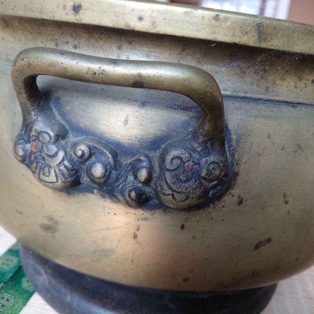 金属真鍮製 火鉢 山水画の装飾