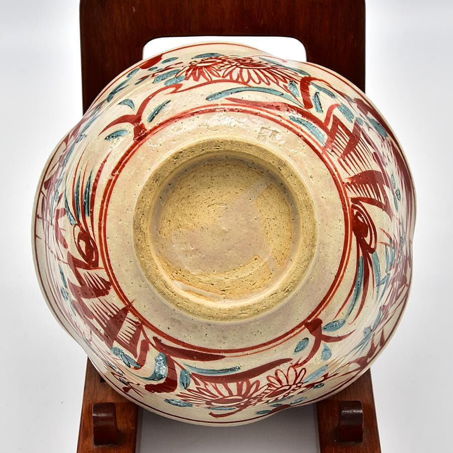 未使用 呉須赤絵輪花 菓子鉢 花鳥図 京 晴香在銘 茶道具 菓子器