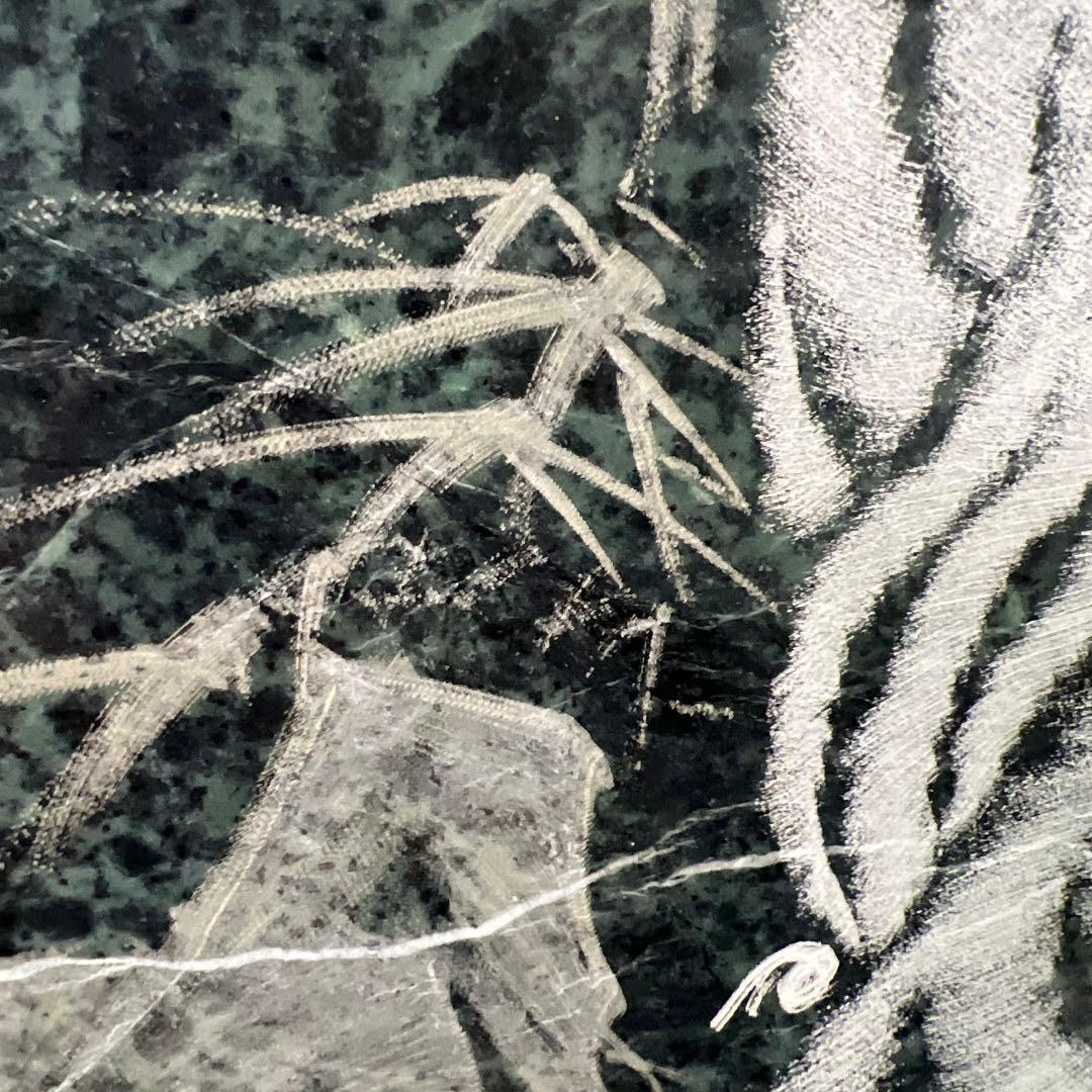 【高級美術品】大理石 影彫り 円形 石板画／白虎図 巨大サイズ 銘・台座付