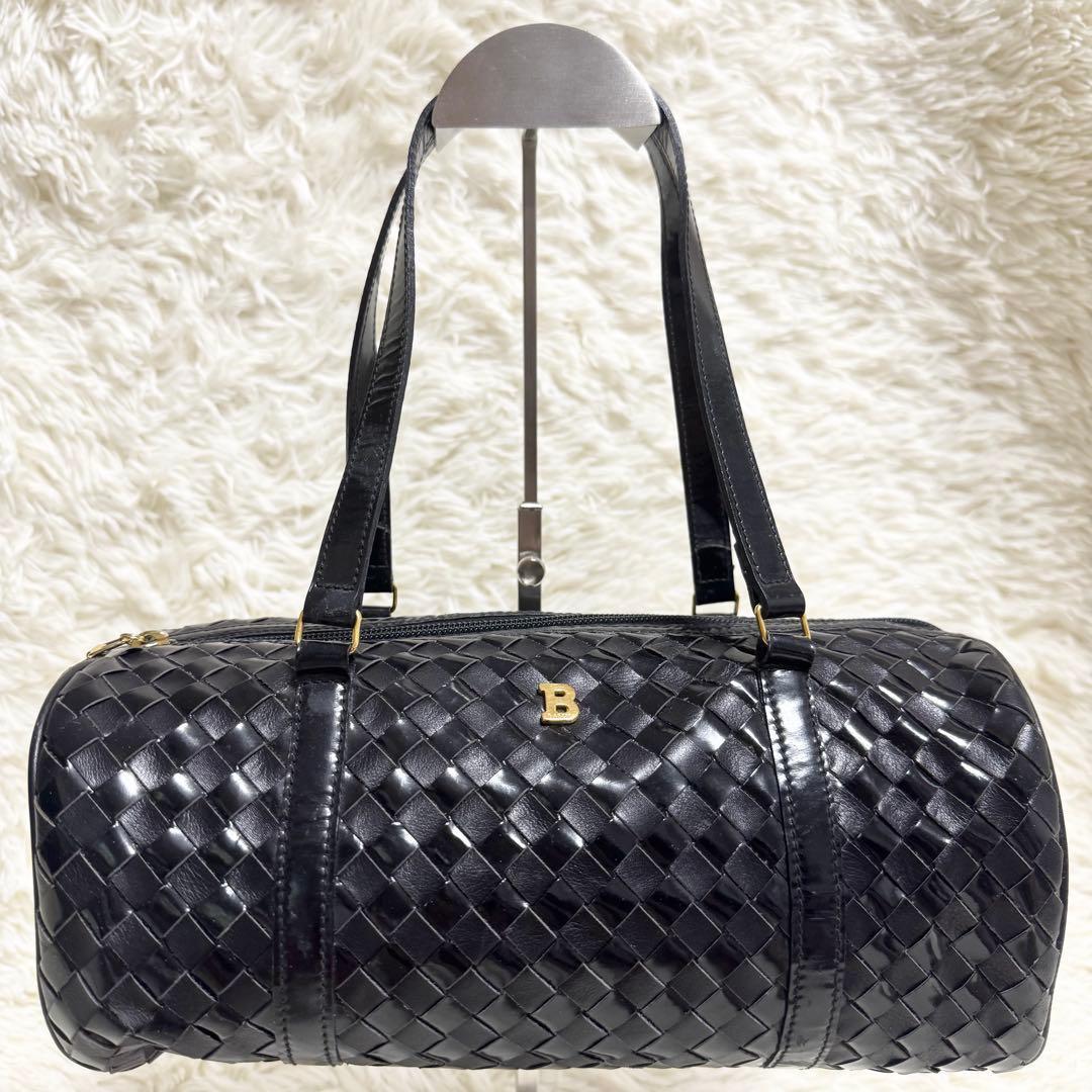 美品✨BALLY ハンドバッグ 編み込み メッシュ 金ロゴ レザー ブラック