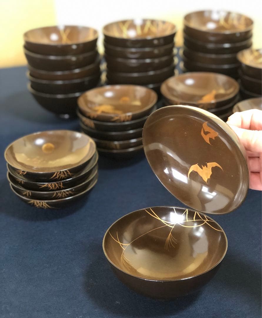 《R》懐石 蓋内絵変り蒔絵 吸物椀20客 木製漆器 木箱 時代 251016い3