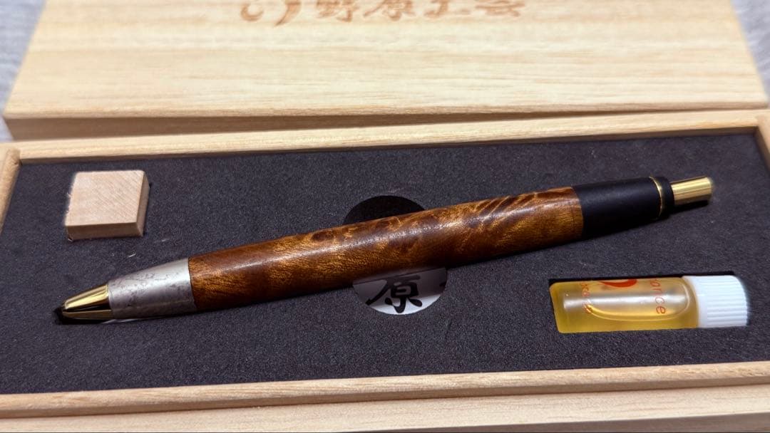 野原工芸 本店購入 マーブルウッド ボールペン 純銀斑紋金具付