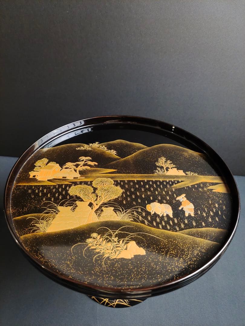 輪島塗　本金蒔絵　研ぎ出し　無傷完品　黒塗り　高杯　高月　菓子器　時代物　漆芸