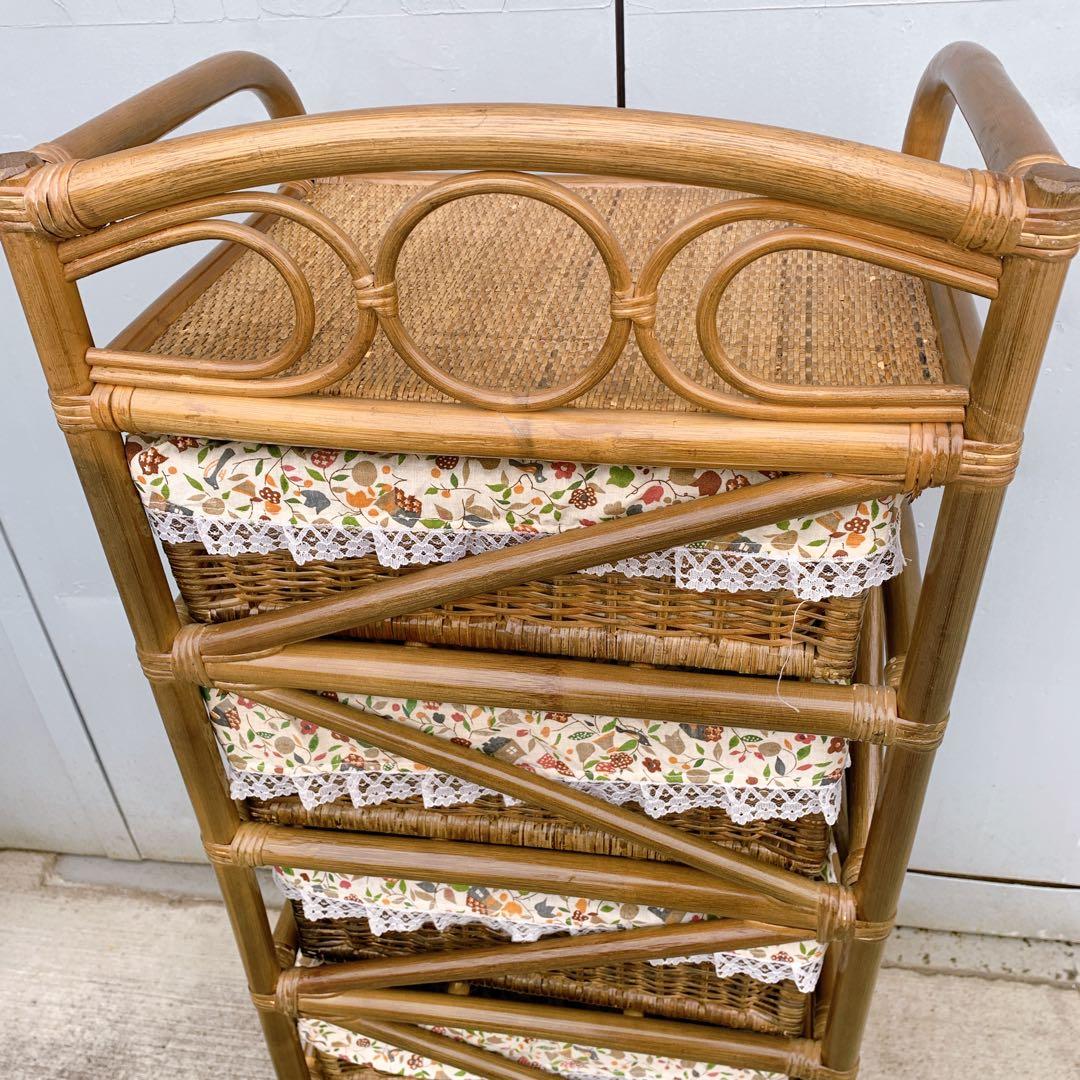 【送料込】ラタン 籐 ヴィンテージ収納 5段チェスト キャスター付 アンティーク