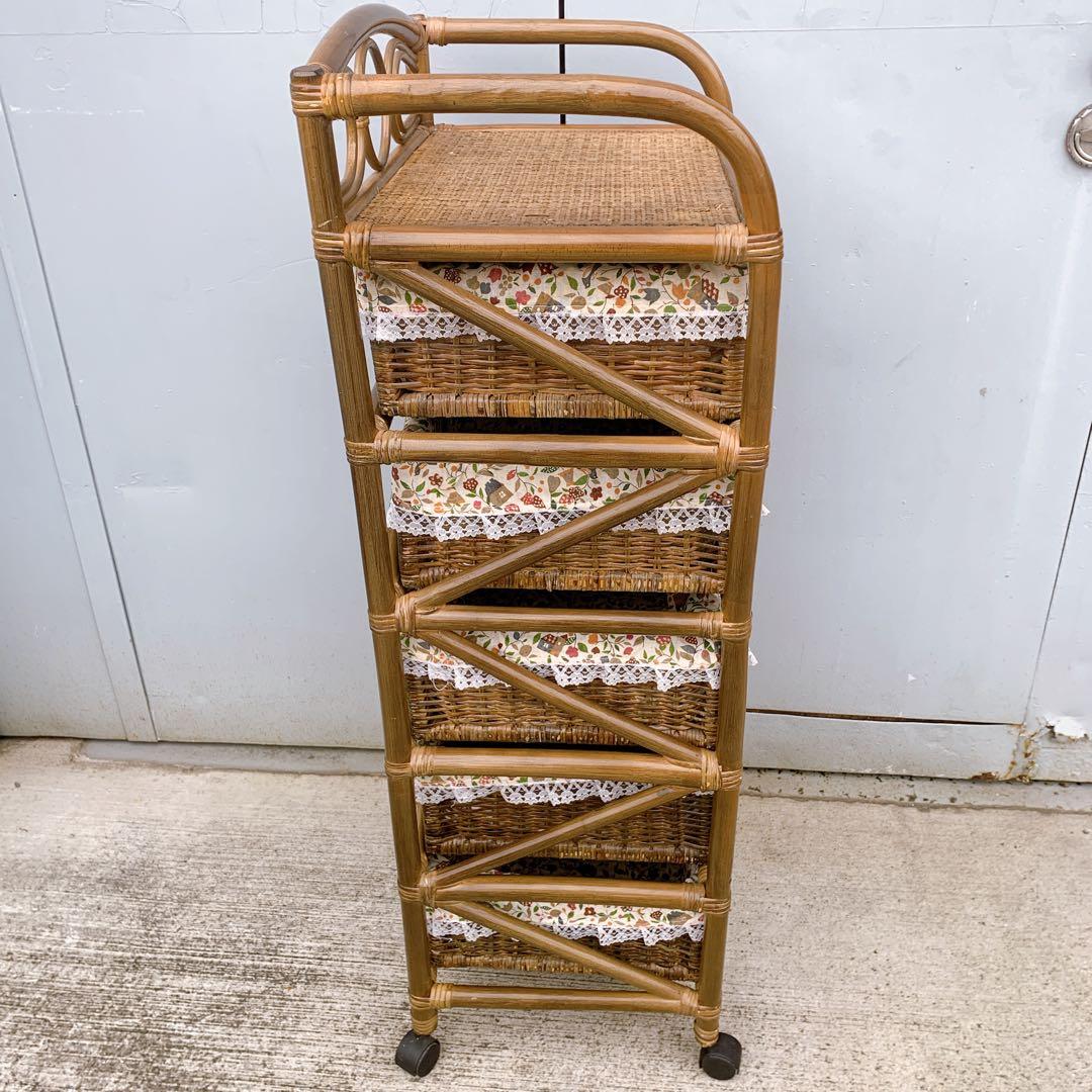 【送料込】ラタン 籐 ヴィンテージ収納 5段チェスト キャスター付 アンティーク