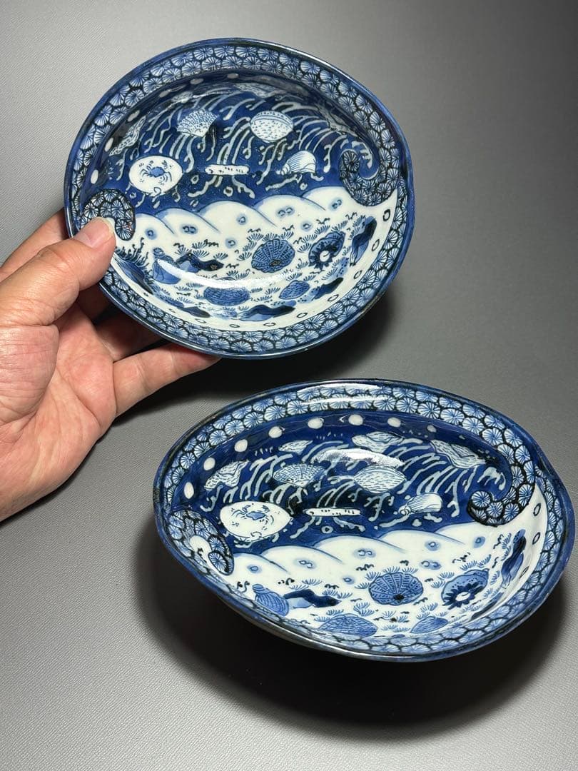 古伊万里　貝尽くし紋様　変形皿　2枚セット　染付皿