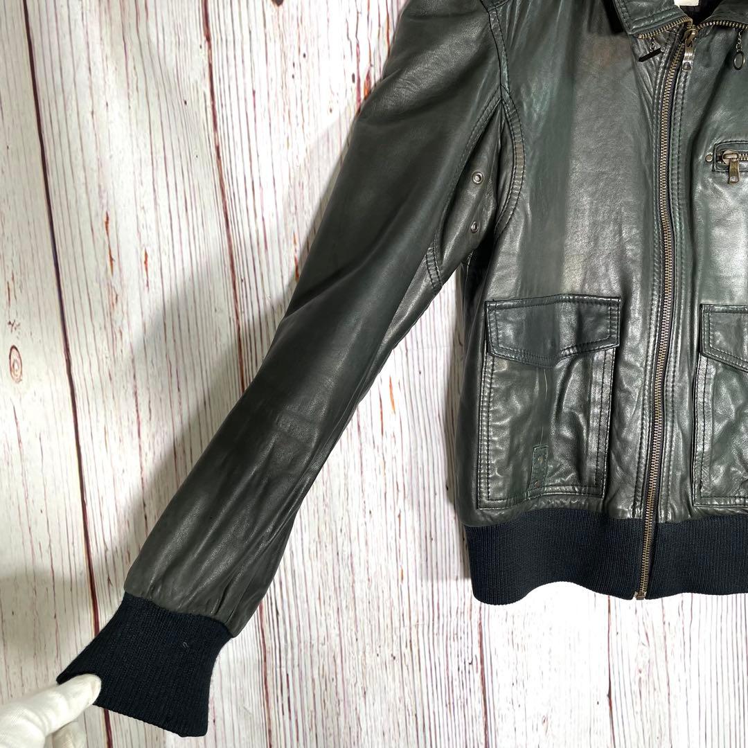 【人気】ディーゼル　レザージャケット　ライダースジャケット　シングル　緑　羊革