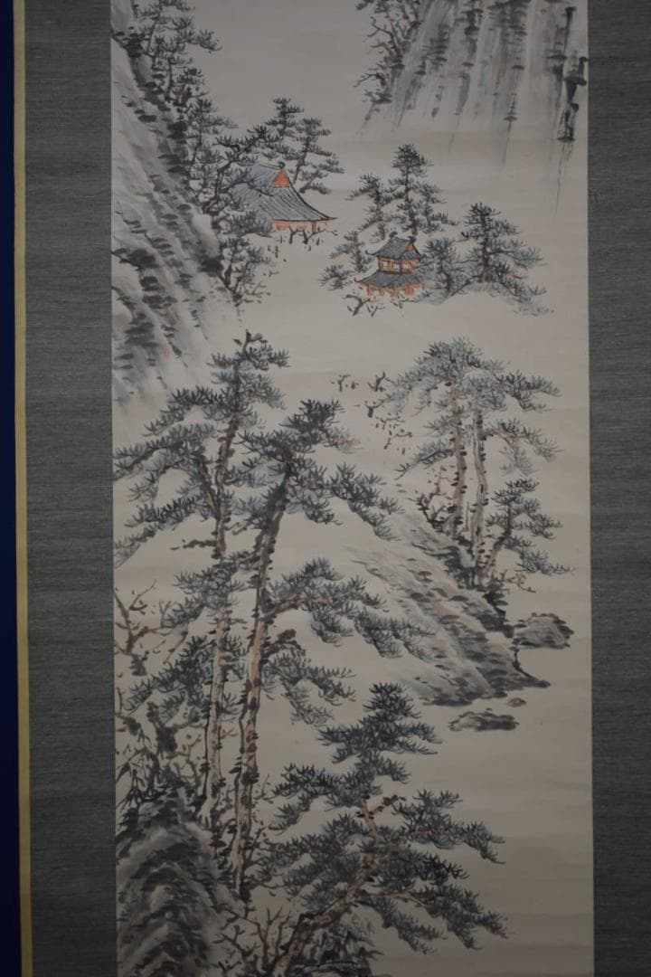 真作/物外/蓬莱山画賛/山水図/鶴/布袋屋掛軸HJ-58