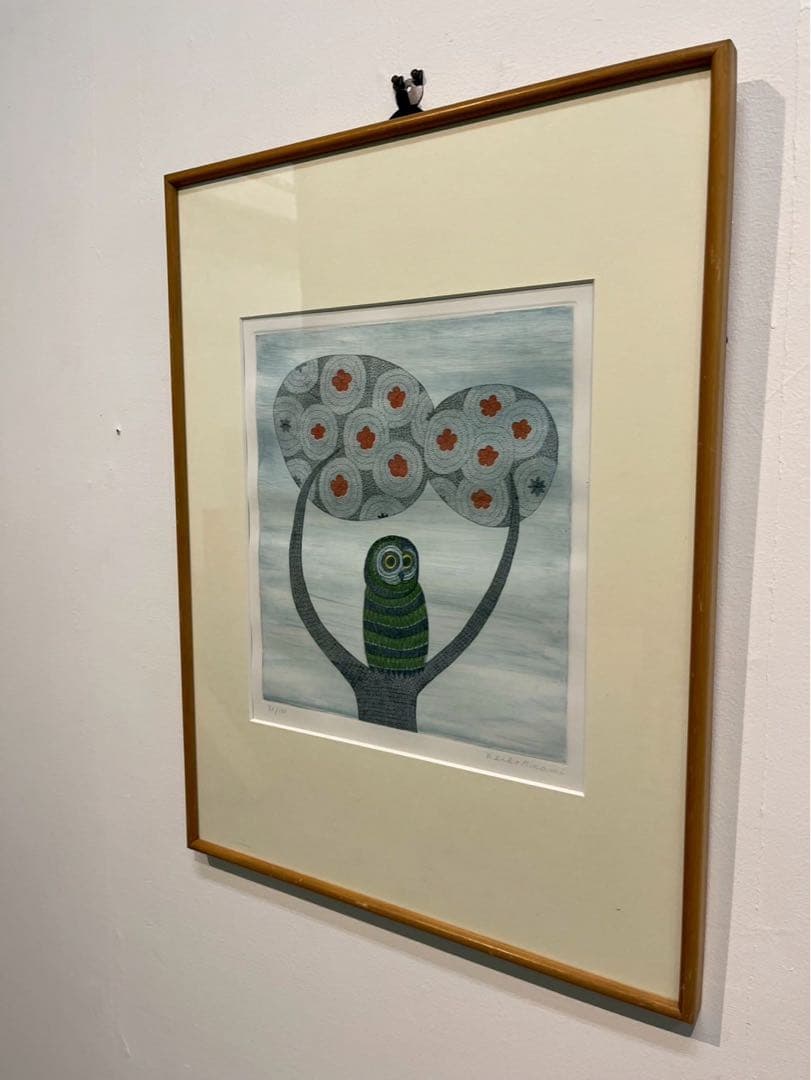 【南桂子】みみづく カラーエッチング 限定100部 サイン入 額装済 版画作品