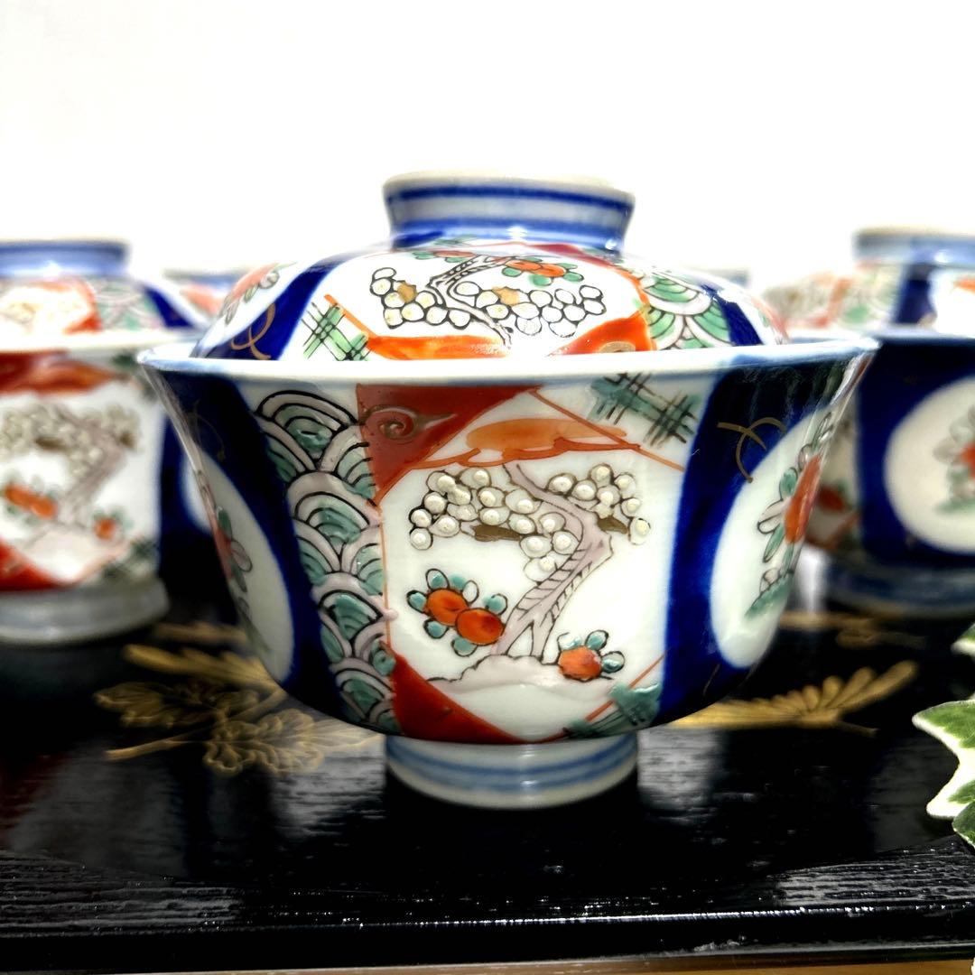 骨董品　古伊万里　月弓　金彩染錦窓絵　青海波紋　蓋付鉢　丼茶碗　有田焼　明治期