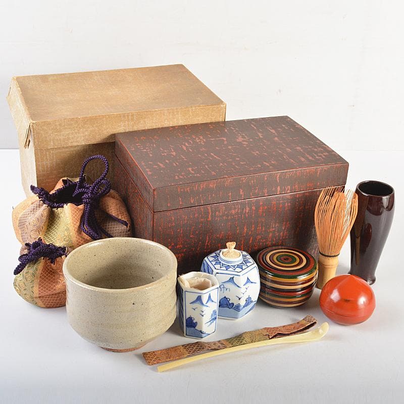 茶道具　利休茶箱　茶碗　平安春峰作　振出など　八点　一式　仕覆付　V　R7509