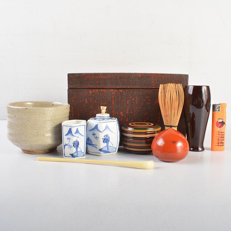 茶道具　利休茶箱　茶碗　平安春峰作　振出など　八点　一式　仕覆付　V　R7509