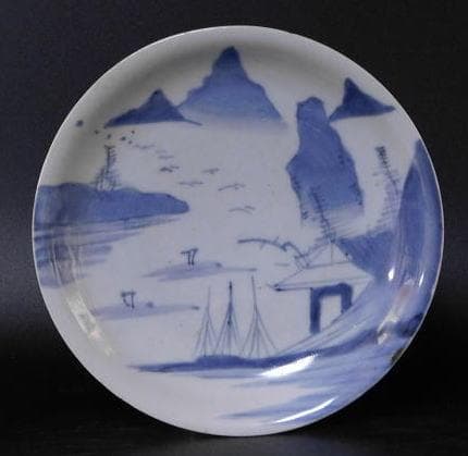 【時代磁器　染付　帆掛　山水文五寸皿　五枚／生掛・切込焼・初期古伊万里】
