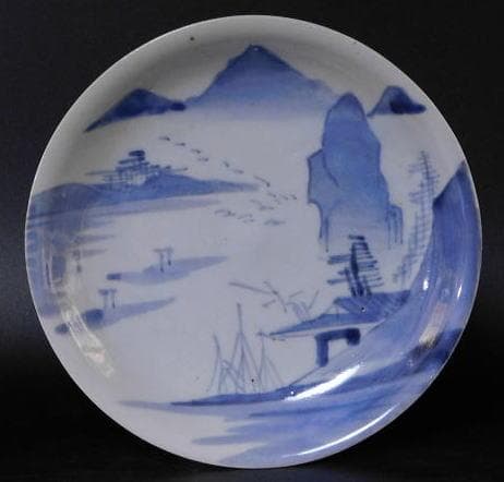【時代磁器　染付　帆掛　山水文五寸皿　五枚／生掛・切込焼・初期古伊万里】
