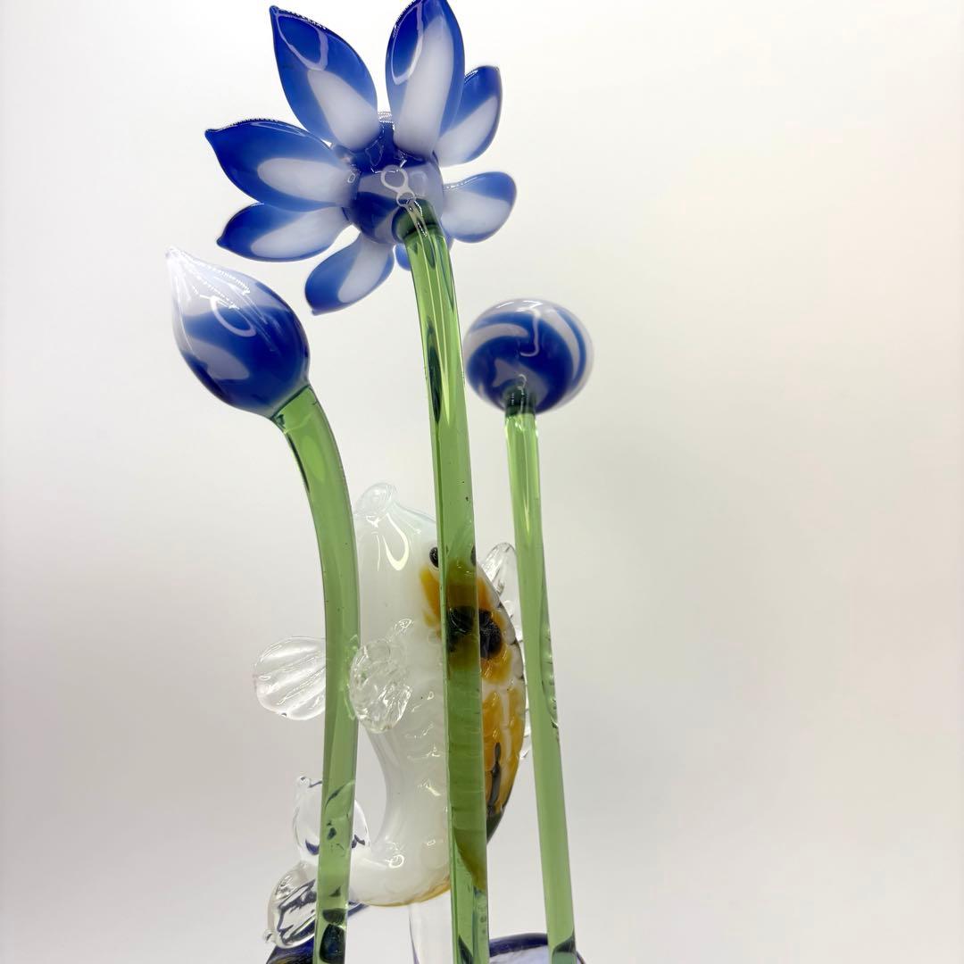 一点モノ 蓮（ハス）の花と鯉 オブジェ ガラス工芸 インテリア 置物 ガラス細工