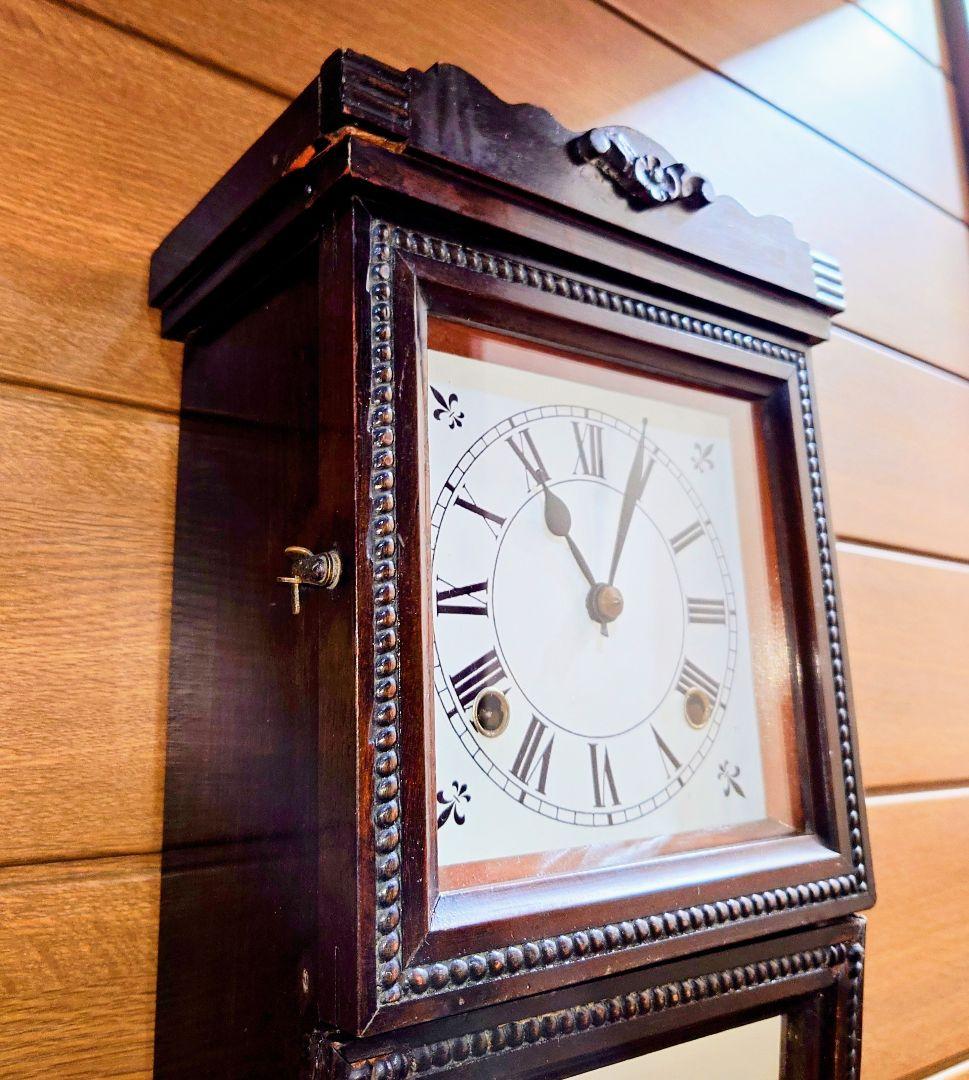 〈完動美品〉珍品　鏡付き傾斜型ゼンマイ振り子時計　アンティーク古時計