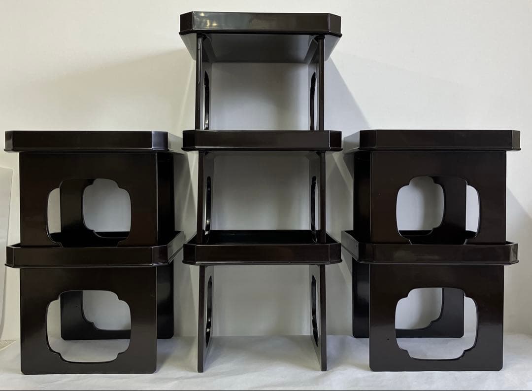 能登輪島塗 高足膳七客漆器 高橋松太郎 黒漆塗り 〈時代物・レトロ〉木箱2箱有り