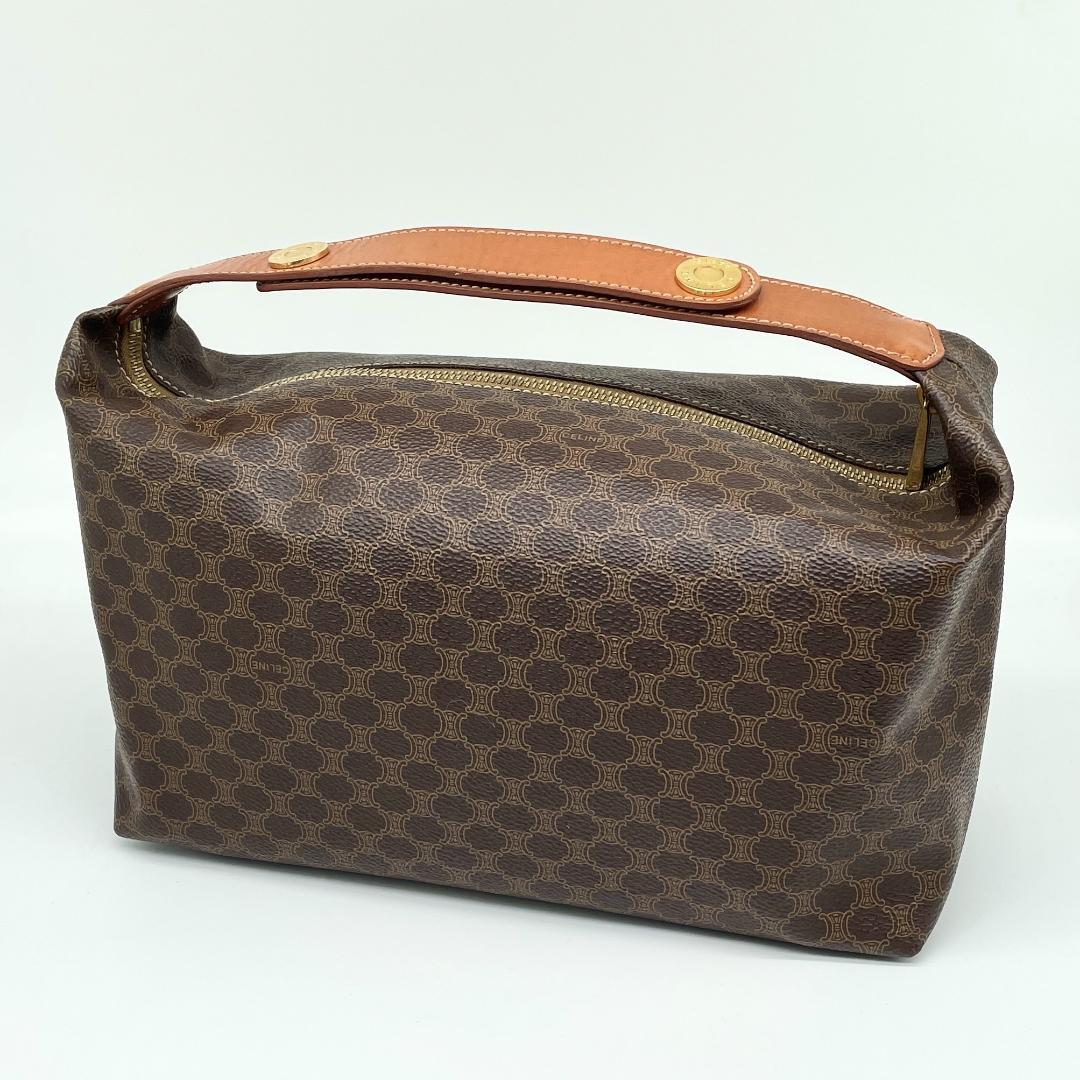 即配【美品】CELINE マカダム柄 ブラウン ハンドバッグ オールドセリーヌ