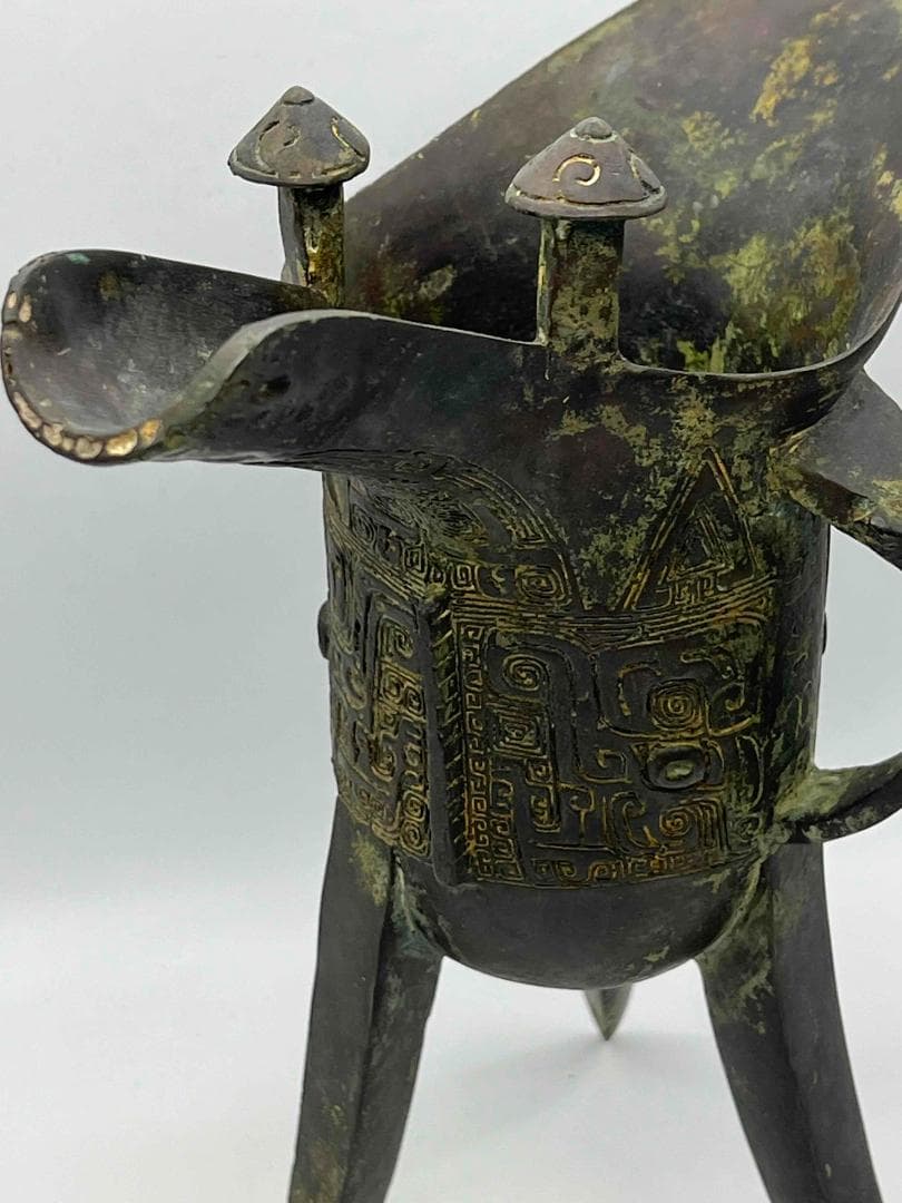 明時代 銅饕餮紋角型爵　酒杯　鑑賞物　置物　唐物　中国古玩(E-67)