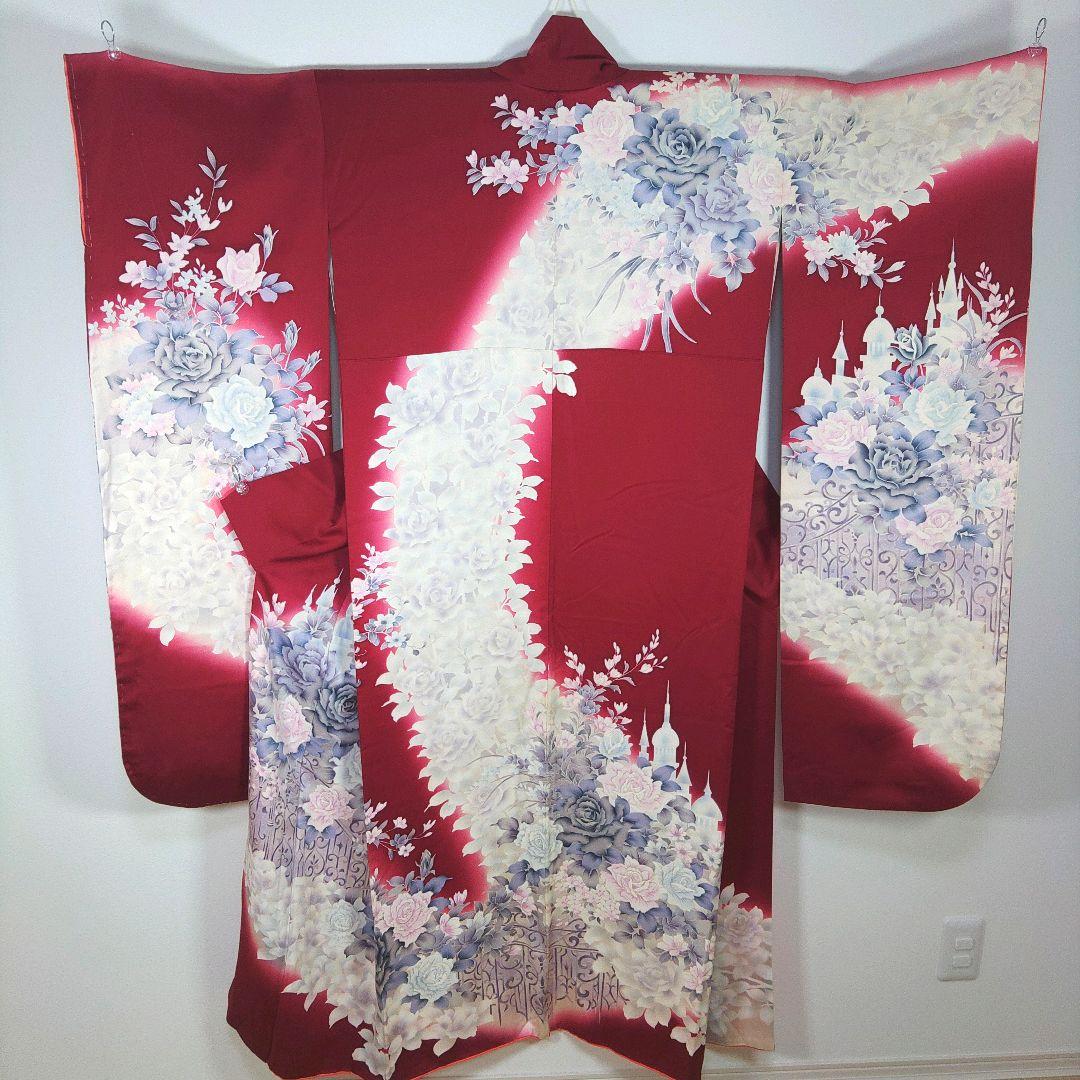 格安！　振袖フルセット　9点　成人式　結婚式　前撮り　えんじ色　赤　バラ