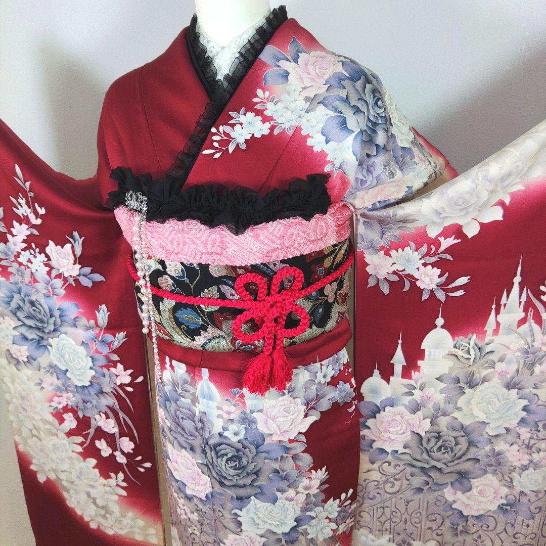 格安！　振袖フルセット　9点　成人式　結婚式　前撮り　えんじ色　赤　バラ
