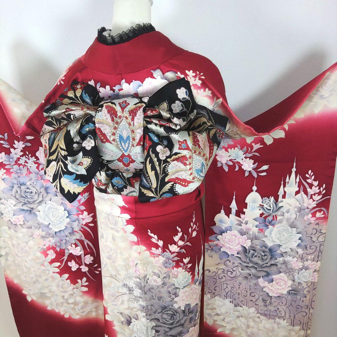 格安！　振袖フルセット　9点　成人式　結婚式　前撮り　えんじ色　赤　バラ