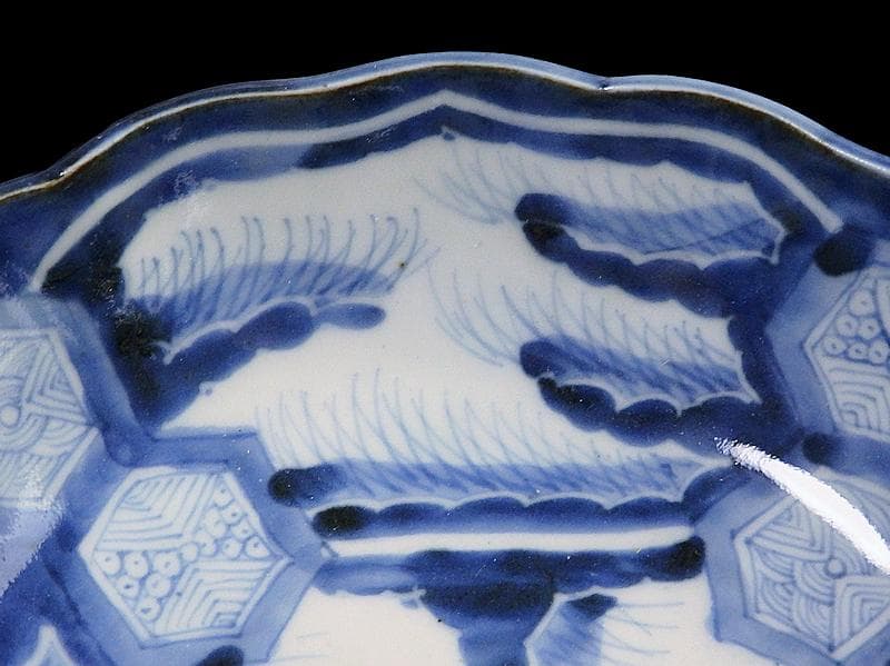 古伊万里　染付　亀甲紋に草花紋の図 膾皿　江戸期　D568AS-fbsx