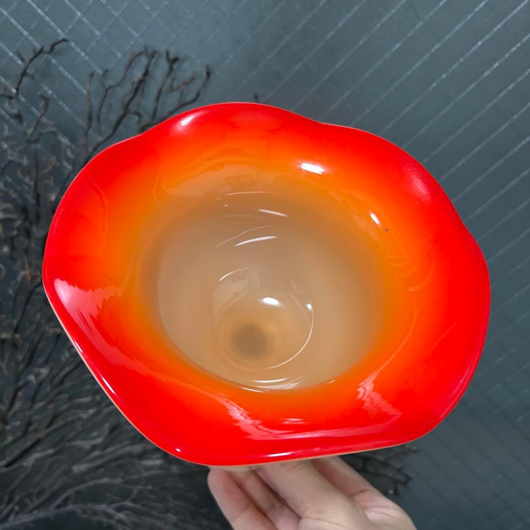 骨董　時代　２色バイカラーフリル 乳白色ガラス　橙色　脚付コンポート　菓子器