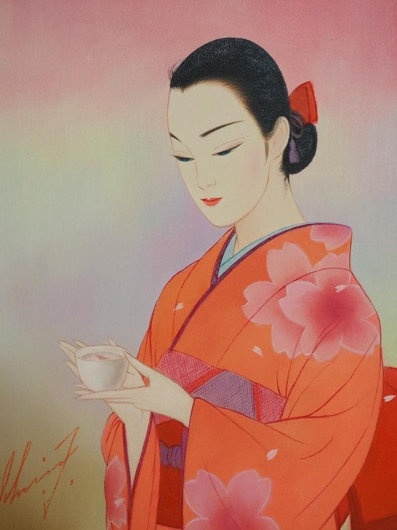 【最終値下げ】人物画　油絵　鶴田一郎　和服美人画　F6　額付き　手描き　肉筆