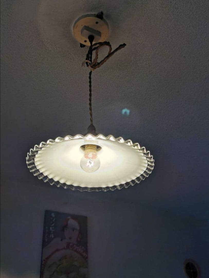 アンティーク フランス 透明＆ミルクガラスフリル シーリングランプ＆レースセット