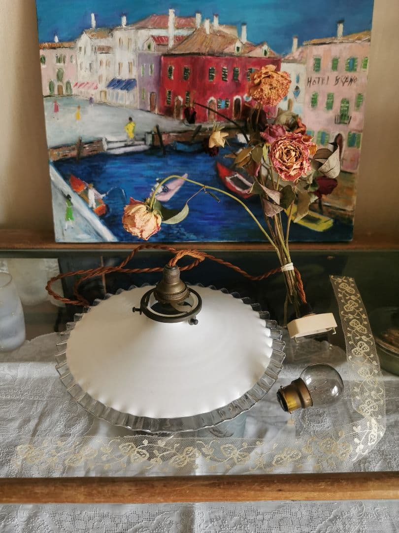 アンティーク フランス 透明＆ミルクガラスフリル シーリングランプ＆レースセット