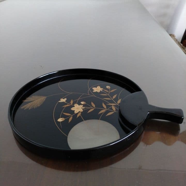 うちわ型 木製、漆塗器、トレイ、皿 、持ち手付、骨董