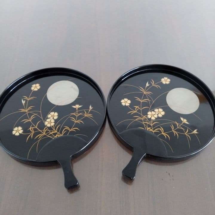 うちわ型 木製、漆塗器、トレイ、皿 、持ち手付、骨董