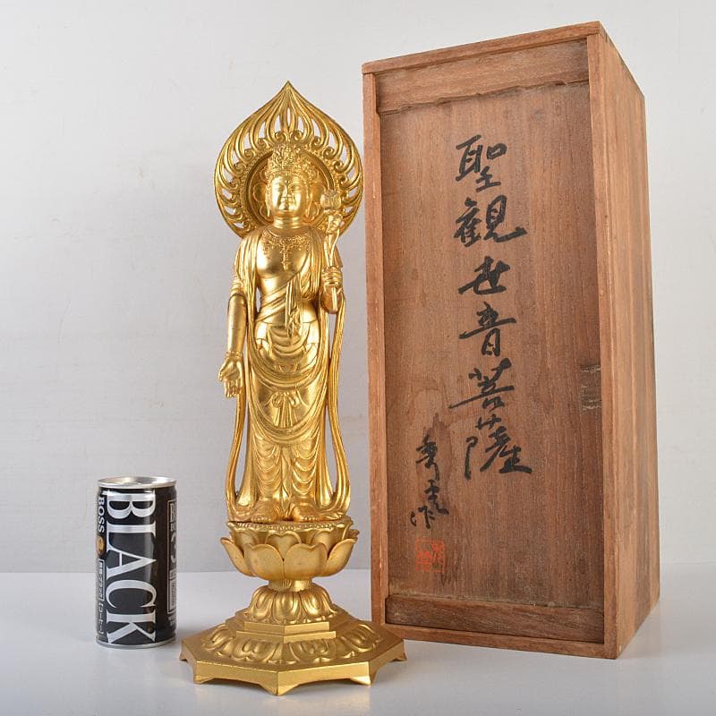仏師　牧田秀雲作　銅鍍金　聖観世音菩薩像　仏像　置物　共箱　V　R7202B