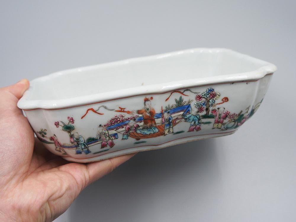 【瓷】　★ 瓷器 粉彩唐子紋水仙鉢 ★　清朝期　花卉 果物 手描文様　明清磁器