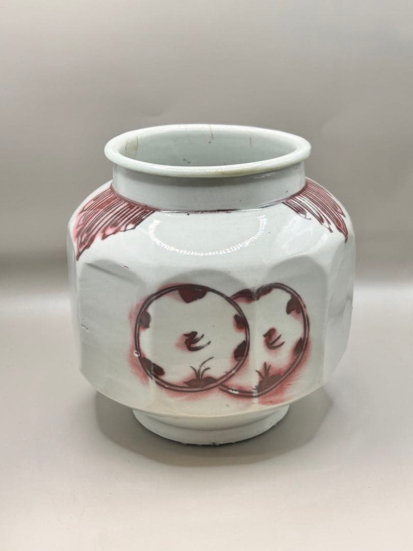 白磁辰砂鳥文面取壺　壺　アンティーク　李朝