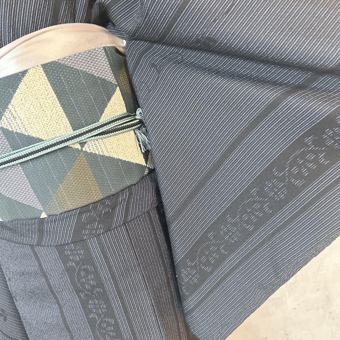 小紋　フルセット　着物　正絹　縦縞　唐草　シャレ帯　紬　p3